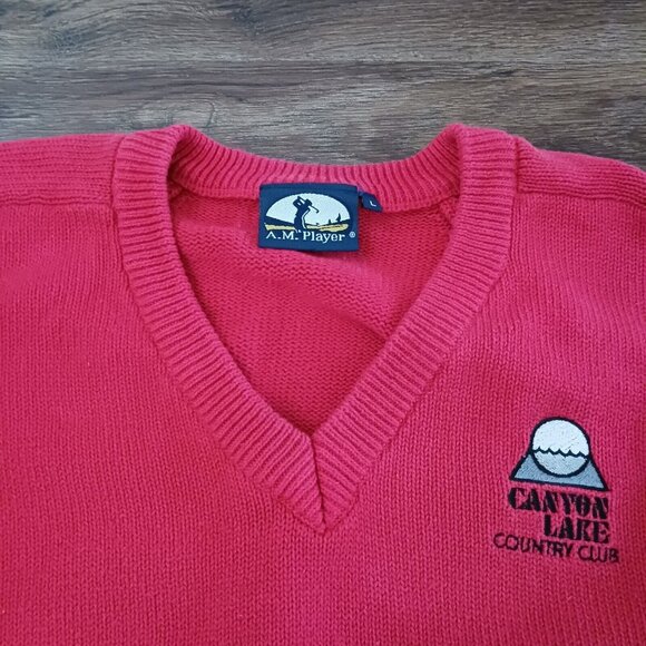 Vintage Canyon Lake Country Club V Neck Red Cotton Sweater Size L California - Picture 1 of 4